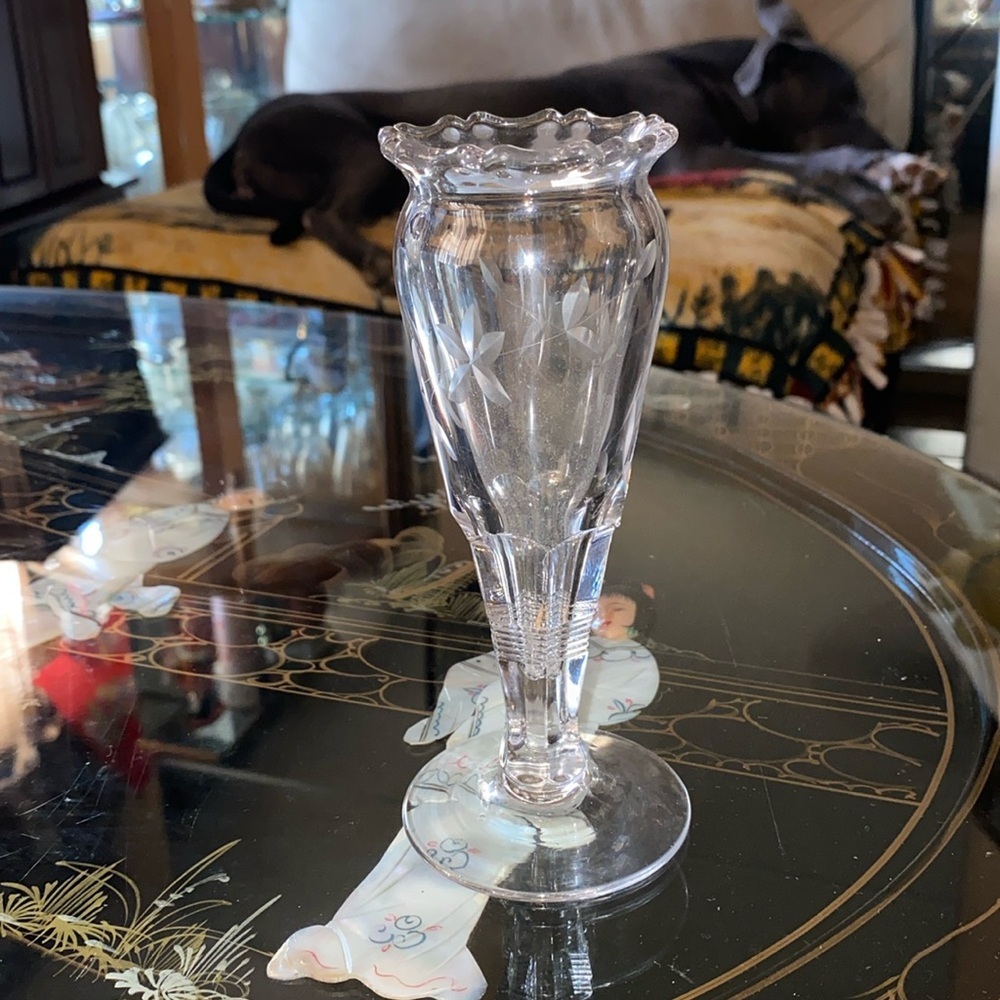 Vintage crystal vase, This is hand decorated with wheel engraved leaves